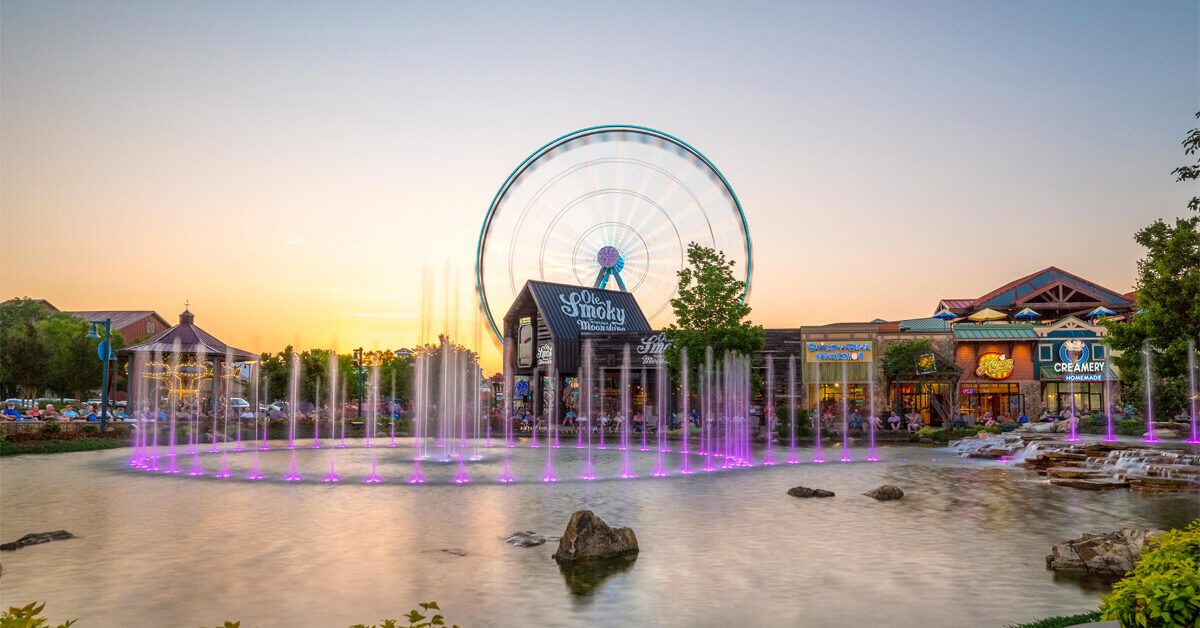 Colorful Winterfest fountain show at The Island in Pigeon Forge